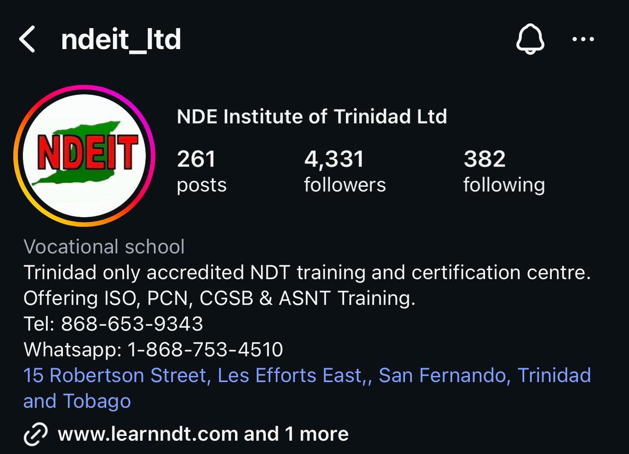 NDE Institute of Trinidad Instagram profile showing 4,331 followers